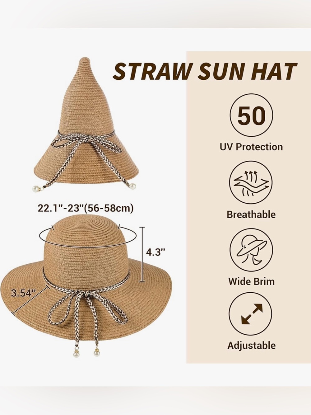 Classic Wide-Brim Straw Sun Hat - Tan with Braided Accent - Picture 2 of 7